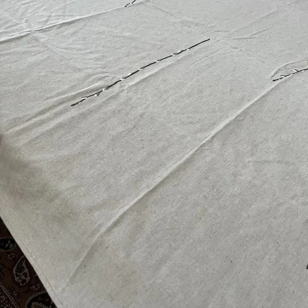 Heavyweight Taupe Linen Tablecloth with Fringe Embroidered Leaves 86